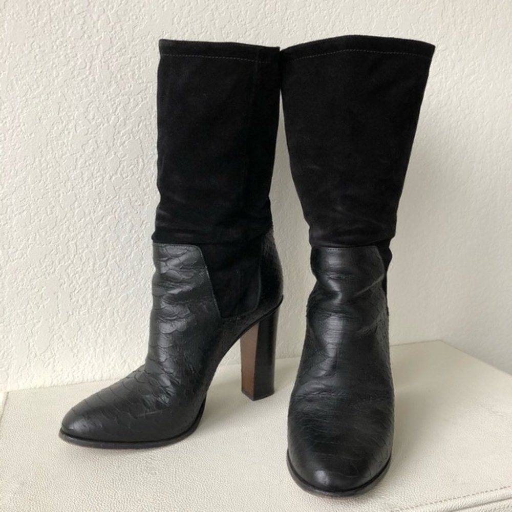 VINCE Black Dalton Mid-Calf Italian Python Snake Textured Leather Boots